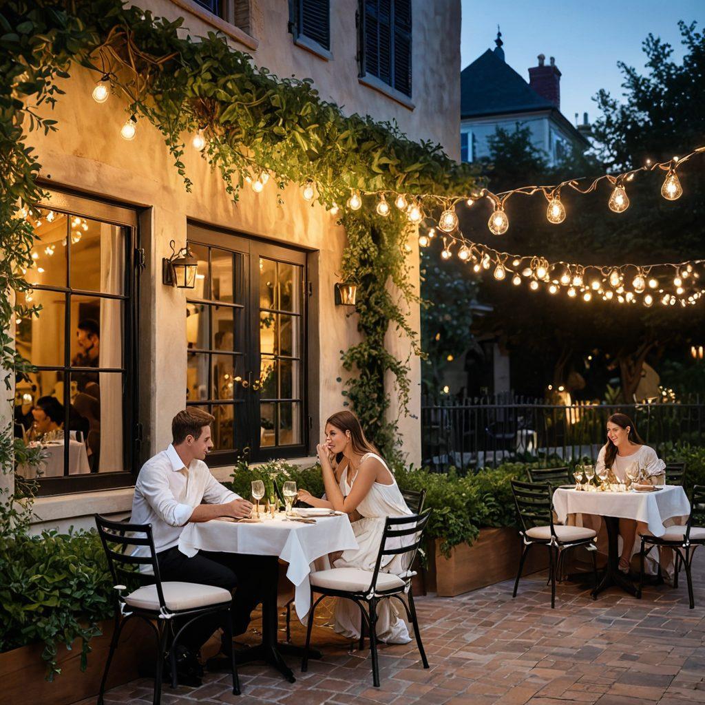 A cozy and elegant outdoor café scene at sunset, featuring couples engaged in heartfelt conversations, surrounded by twinkling fairy lights and lush greenery. Include stylish and fashionable table settings with decorative floral arrangements, evoking a warm and charming atmosphere. Capture the essence of romance and social connection in a vibrant color palette. painting. vibrant colors. serene ambiance.