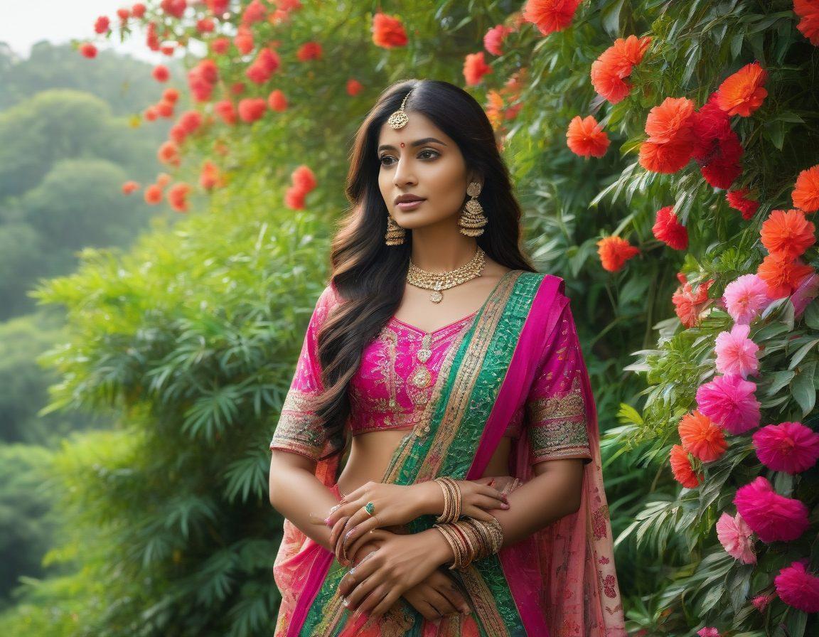 A mesmerizing Indian woman adorned in a modern yet traditional outfit, showcasing vibrant fabrics and intricate jewelry, standing confidently amidst a picturesque backdrop of lush greenery and colorful flowers. She exudes grace and passion, with a hint of modern styling in her hair and makeup, capturing the essence of contemporary Indian beauty. bright colors. super-realistic. elegant composition.